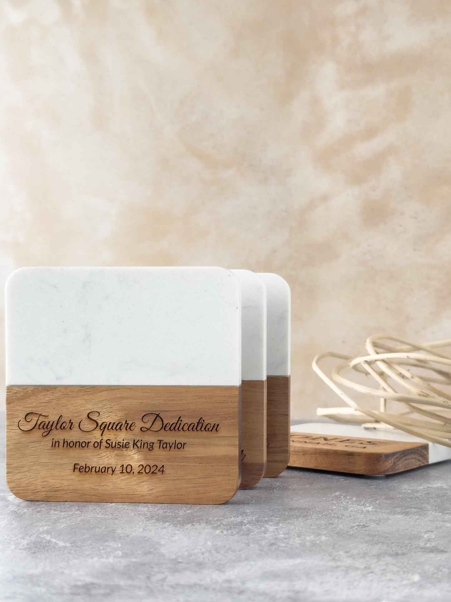 Premium Personalized Marble and Wood Coaster Set of 4, Custom Laser Engraved Drink Coasters, Unique Housewarming Gift, Elegant Home Decor, Perfect for Weddings, Anniversaries, and Special Occasions
