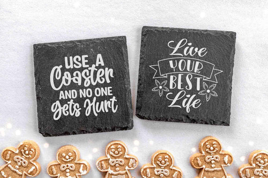 Custom Engraved Square Slate Coasters Set of 4, Monogrammed Coasters for Drinks, Weddings, Couples, Anniversaries
