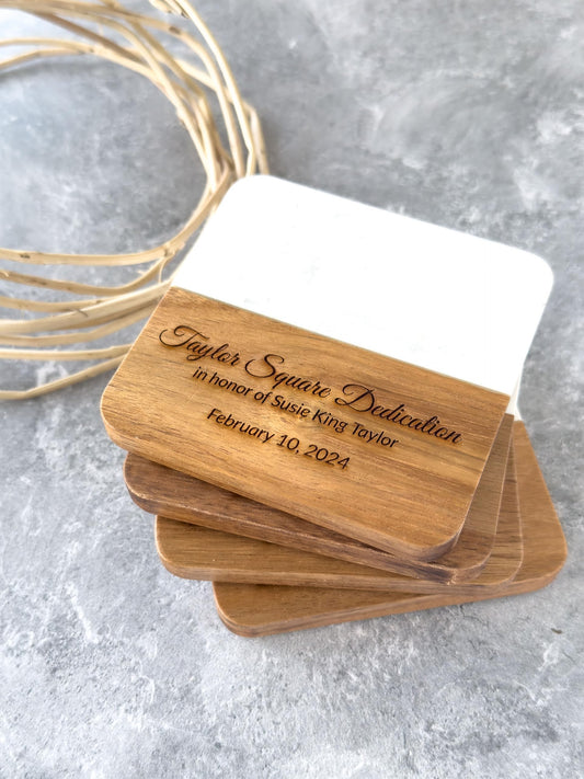 Premium Personalized Marble and Wood Coaster Set of 4, Custom Laser Engraved Drink Coasters, Unique Housewarming Gift, Elegant Home Decor, Perfect for Weddings, Anniversaries, and Special Occasions